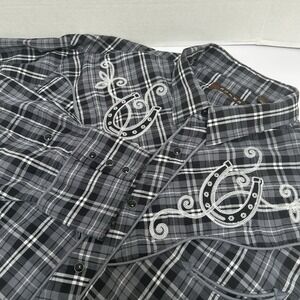 Roper Black Gray Plaid Western Shirt Embroidered Horseshoes‎ Pearl Snap Size XXL
